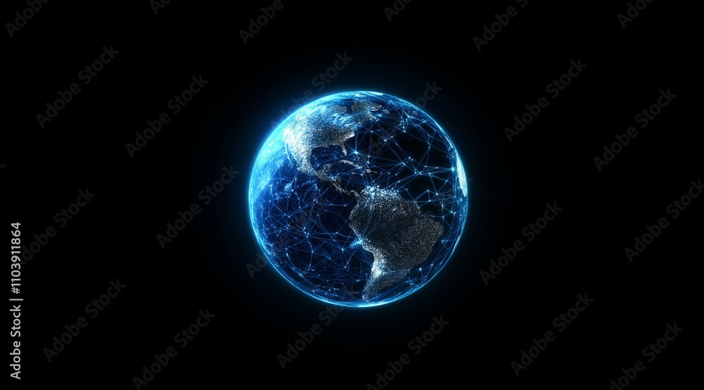 Poster illustration of the globe, surrounded by lines of neural connections and digital data. technological