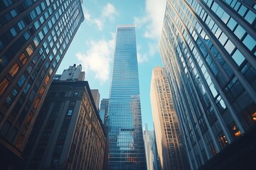 Low Angle Cityscape Sunlit Facades, Steel and Glass Verticality