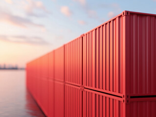 Row of stacked red shipping containers by the water at sunset, reflecting warm light with a blurred background.