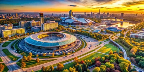 Urban Exploration Photography Showcasing Architectural Marvels of Olympic Venues in a Vibrant Cityscape with Artistic Details and Dynamic Angles Highlighting Historical Significance