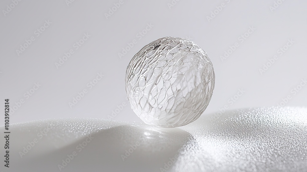 Poster A clear, textured sphere rests on a smooth surface, reflecting light and showcasing intricate patterns and transparency against a minimalist background.