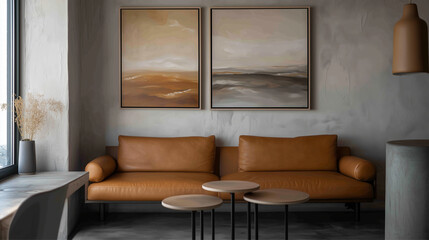 An inviting living room with brown furniture and artistic touches.