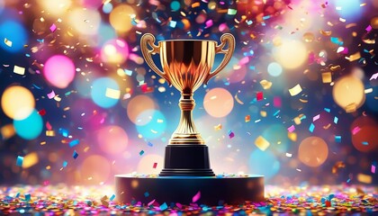 A gold trophy atop a platform, enveloped by a colorful cascade of confetti. Created with generative AI technology