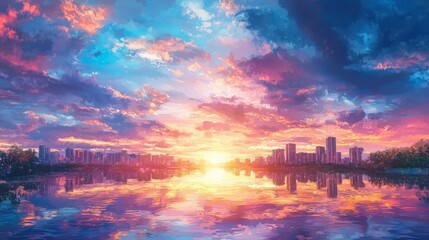 A beautiful photorealistic sunset with a sky bathed in blue, purple, and orange as the sun sets over a major metropolitan city