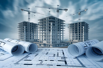 Three under construction buildings on blueprints, cranes and cool colors emphasize professional planning