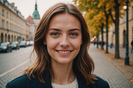 Close portrait of a smiling young Hungarian woman looking at the camera, Hungarian city outdoors  blurred background