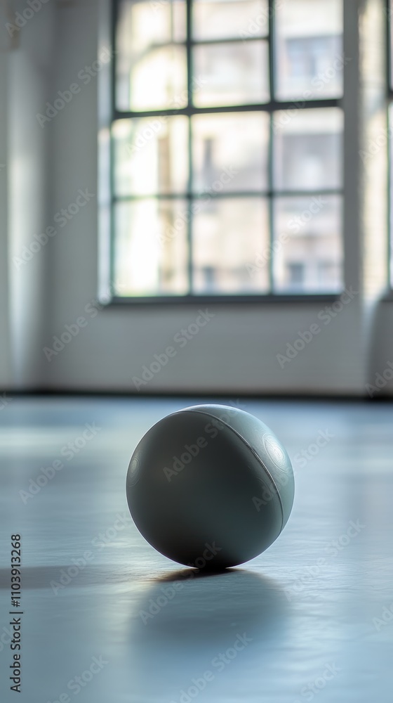 Poster small grey pilates ball is lying on floor in empty gym with large window in background, creating pea