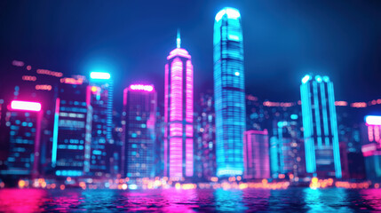 Fototapeta premium Neon lights reflecting on skyscrapers in a futuristic city at night