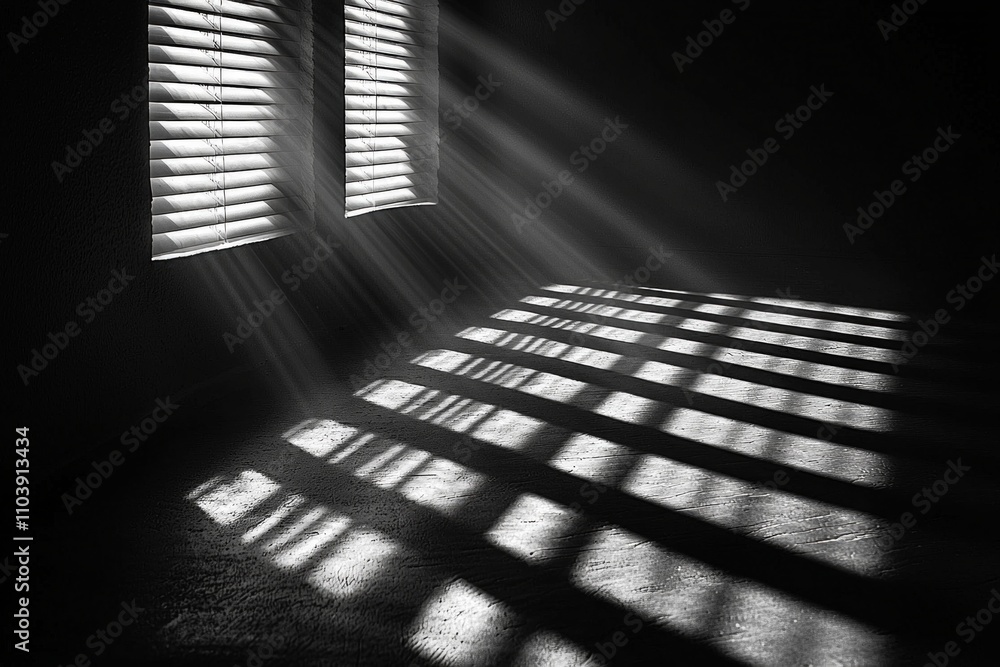 Poster high contrast patterns shadows stretch floor as sunlight filters window blinds creating artistic amb
