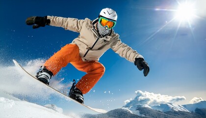 A close up view of a snowboarder in action on the slopes; a snowboarder is ripping the snow slopes at the ski resort; snowboarder at the ski resort; winter season sports; snow