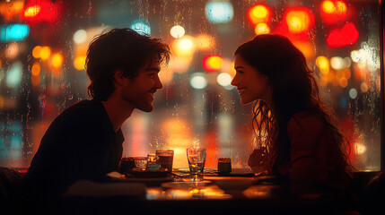 Couple enjoys romantic dinner together while rain falls on the window with city lights glowing in the background. Generative AI