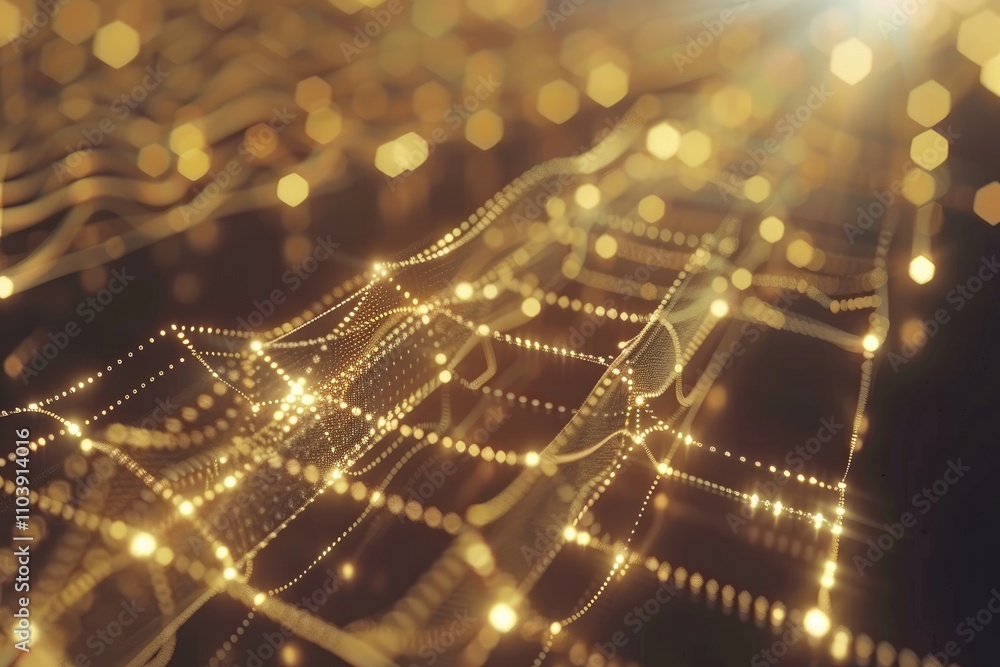 Poster abstract golden wave pattern with glowing dots and light effects.