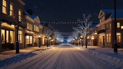 Obraz premium Christmas Celebration in a Winter Town: Festive Street Scene Outdoors