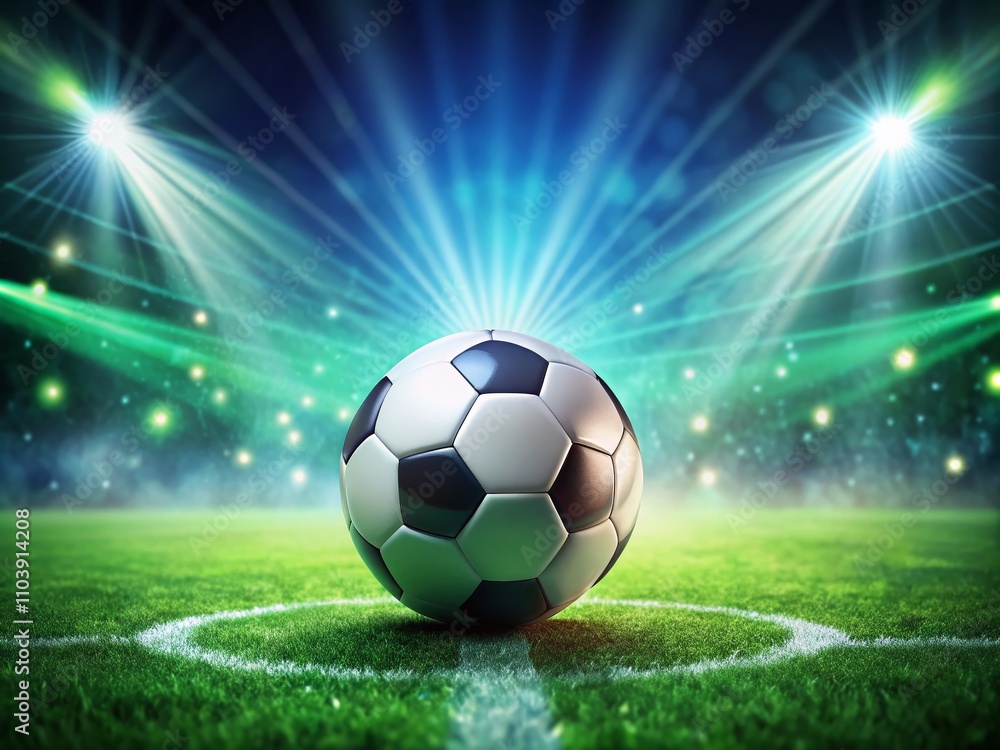 Poster vibrant 3d illustration of a soccer ball under spot rays on a lush green field, ideal for text and b