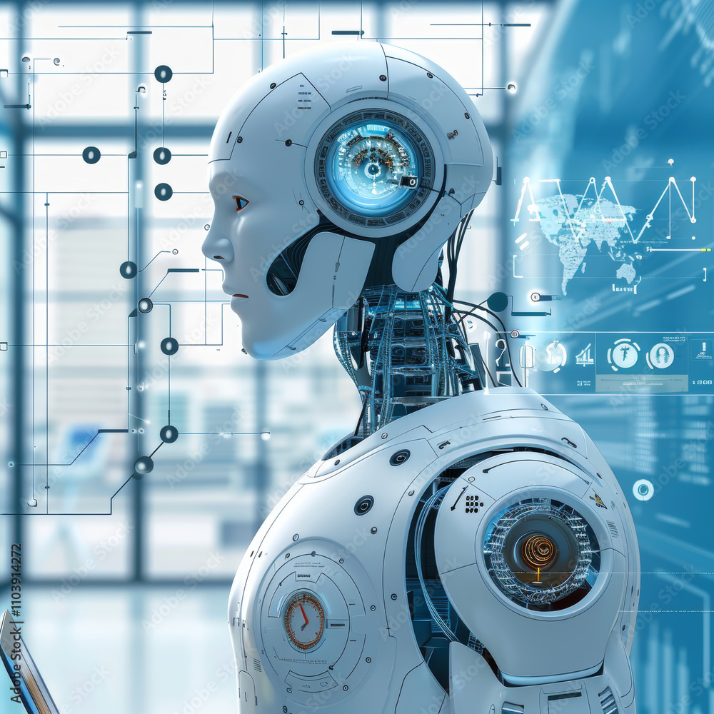 Poster a humanoid robot stands ready, showcasing advanced features and glowing interfaces, surrounded by di