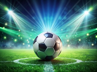 Fototapeta premium Vibrant 3D Illustration of a Soccer Ball Under Spot Rays on a Lush Green Field, Ideal for Text and Branding Spaces with High Depth of Field Effects