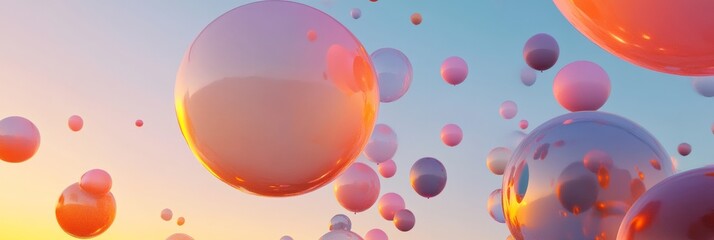 A playful abstract rendering of helium balloons in various shapes and colors floating against a gradient sunset sky