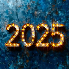 The vibrant numbers 2025 shine with lights against a textured blue surface, symbolizing celebration and anticipation for the new year. This visual evokes excitement and hope for the future.
