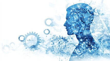 A digital silhouette of a man filled with blue gears and abstract patterns, symbolizing innovation, technology, and the human mind.