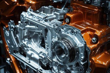 Fototapeta premium Close-up view of a car assembly plant highlighting intricate car parts and machinery, emphasizing the detailed components involved in automotive manufacturing processes.