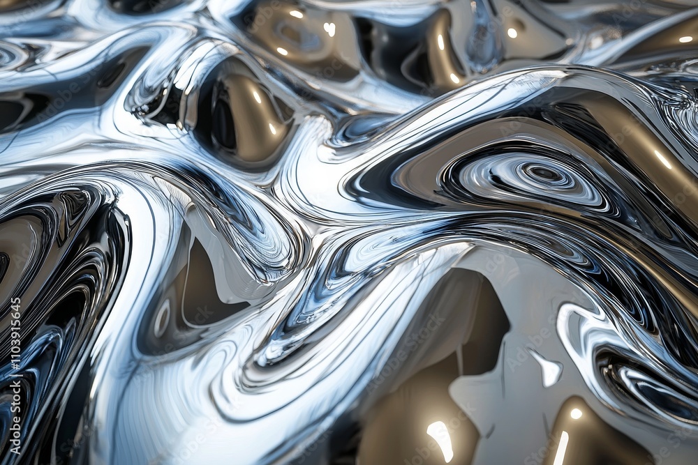 Poster a 3d rendering of a glossy, silver, metallic fluid texture with a chrome mirror background.