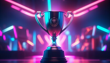E-sports champion trophy showcased in a studio lit by neon lighting with a defocused background. Created with generative AI technology