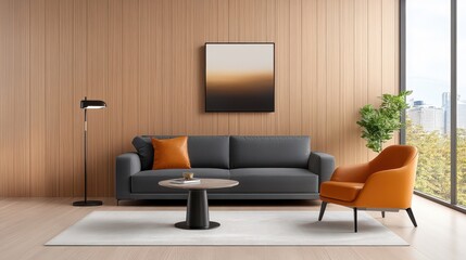 Modern Living Room Interior Featuring Comfortable Gray Sofa, Cozy Orange Armchair, Stylish Coffee Table, Floor Lamp, and Panoramic City View Through Large Windows