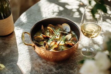 A copper pot filled with clams in broth, accompanied by a glass of white wine.