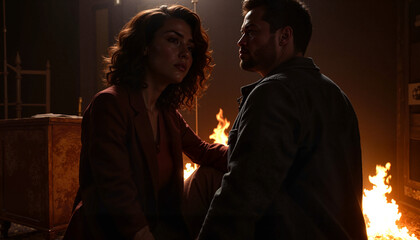 Dramatic scene of a couple amid flames, capturing tension and emotion in a cinematic setting