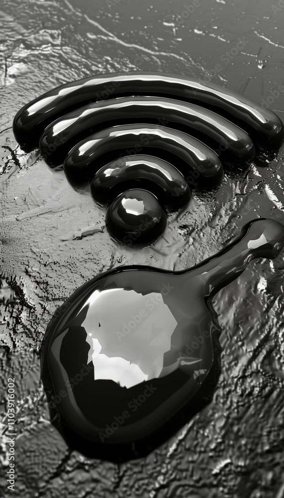 Poster a glossy black liquid pools around a wi-fi symbol, creating an artistic representation. the smooth, 
