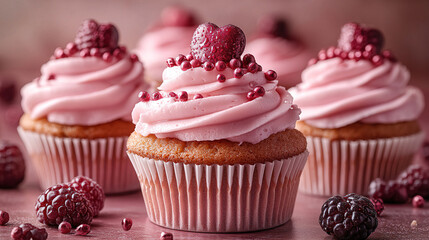 Delightful pink cupcakes topped with berries and heart decorations for a festive celebration. Generative AI