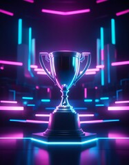 E-sports trophy in neon-lit studio with blurred background. Created with generative AI technology