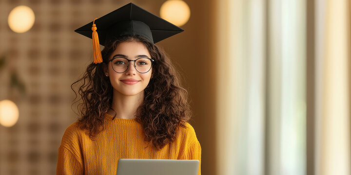 young indian female graduation student holding laptop