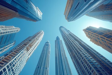 Fototapeta premium Magnificent Urban Skyline Low Angle Sun Rays & Contemporary Design