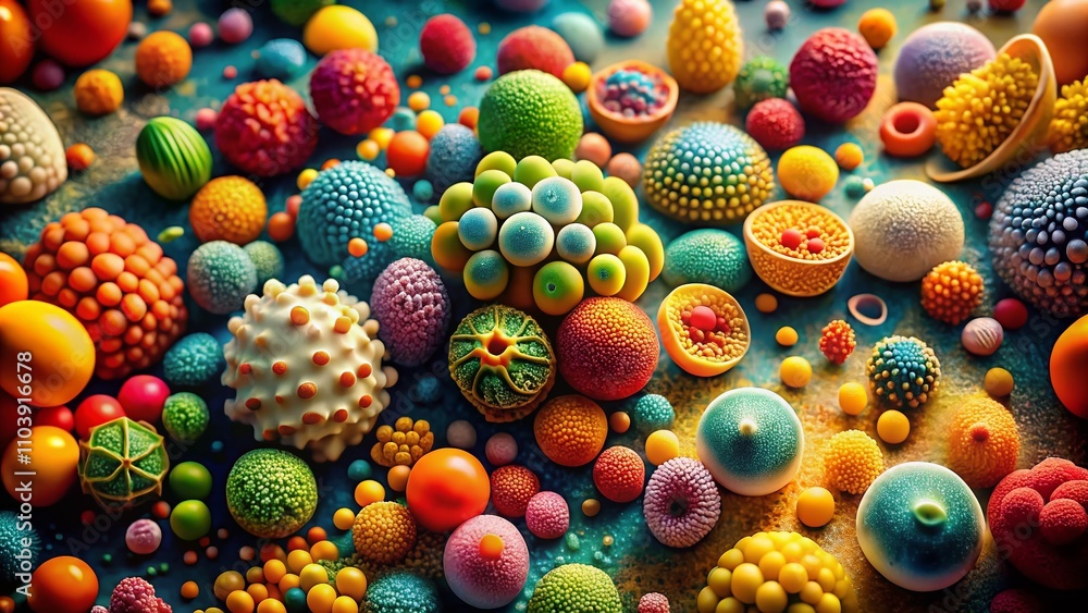 Poster vibrant and colorful abstract microbial structure design in food photography showcasing unique patte
