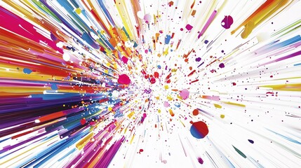 A vibrant explosion of colors radiates outward, creating a dynamic and energetic visual effect with splashes and streaks.
