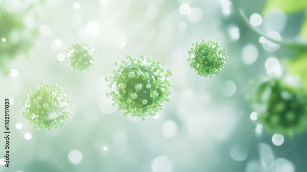 Poster microscopic view of green viruses in a soft background.