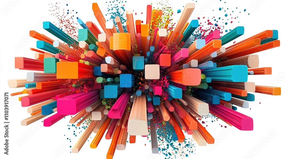 Poster a vibrant explosion of colorful 3d shapes, including cubes and rectangular bars, creating a dynamic,