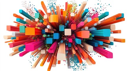 A vibrant explosion of colorful 3D shapes, including cubes and rectangular bars, creating a dynamic, abstract visual effect.