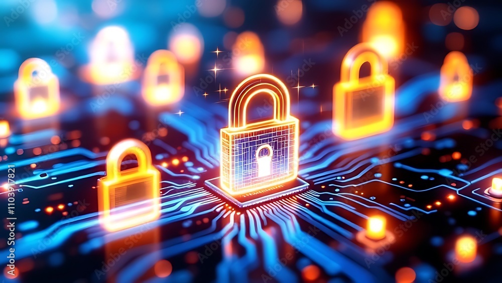 Poster cyber security and protection of private information and data concept. locks on blue integrated circ