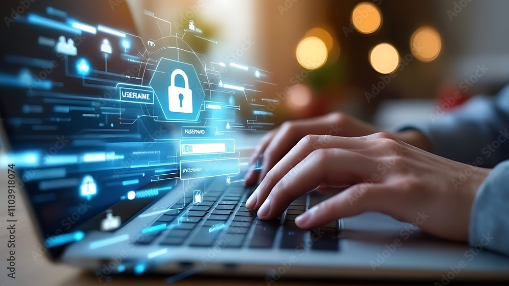 Poster cybersecurity and privacy concepts to protect data. lock icon and internet network security technolo