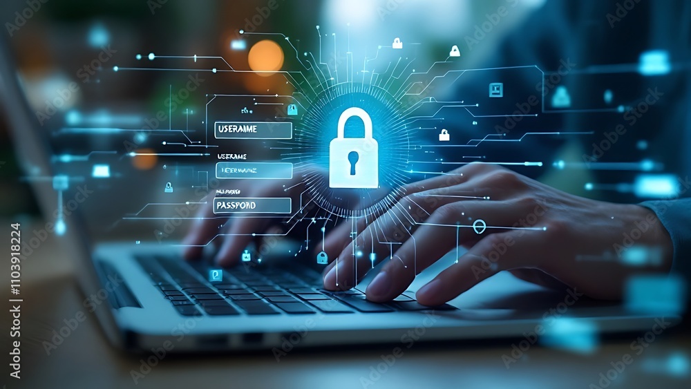 Poster cybersecurity and privacy concepts to protect data. lock icon and internet network security technolo