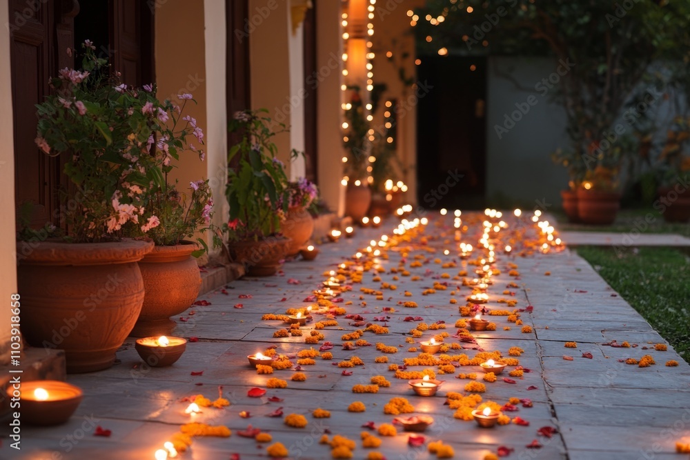 Poster warm and inviting patio space with string lights and candles creating a magical ambiance at night