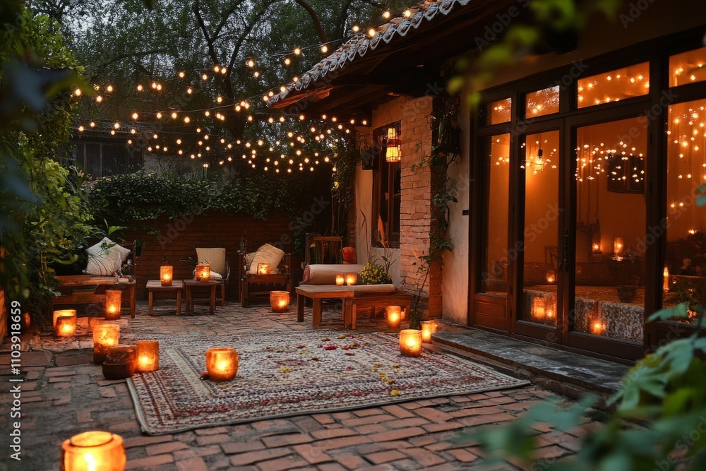 Poster warm and inviting patio space with string lights and candles creating a magical ambiance at night