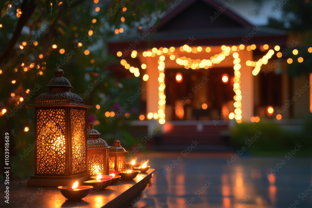 Poster warm and inviting patio space with string lights and candles creating a magical ambiance at night