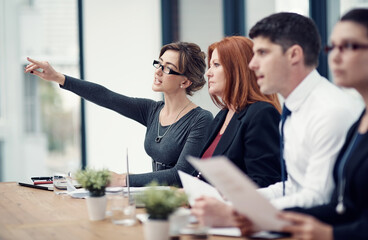 Group, panel and seminar as teamwork in feedback, meeting and pointing as workshop or trade show. Business people, talk and presentation in office or company for audience, conversation and discussion