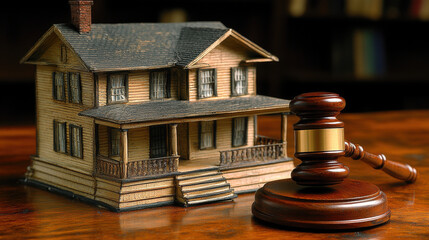 gavel and small model house on wooden table symbolize legal matters in real estate. This evokes sense of justice and property ownership