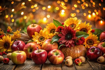 Vibrant Autumn Harvest Pattern Featuring Apples and Florals on Rustic Texture with Bokeh Effect for a Cozy, Seasonal Aesthetic