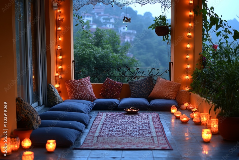 Poster floor seating with cushions and pillows creates an inviting space for relaxation on a balcony illumi