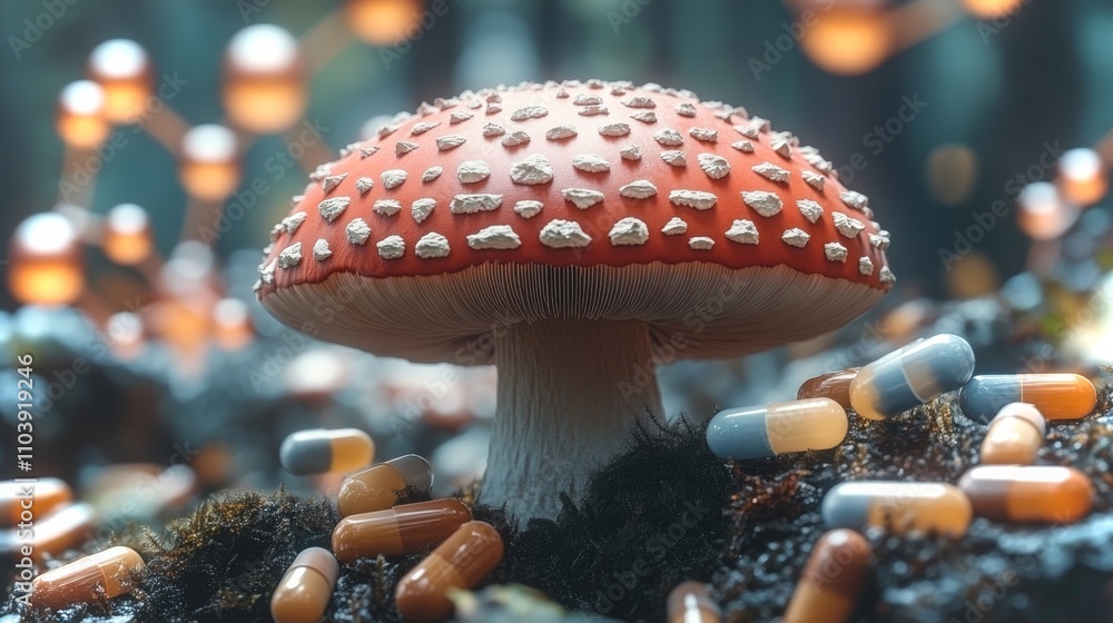 Poster mushroom surrounded by colorful capsules and ampoules in a vibrant forest setting